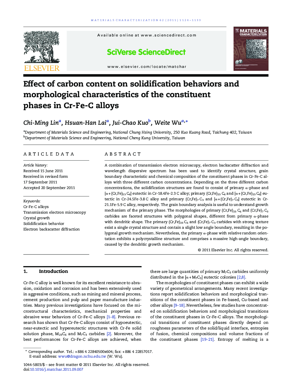 Effect of carbon content on solidification behaviors and morphological characteristics of the constituent phases in Cr-Fe-C alloys