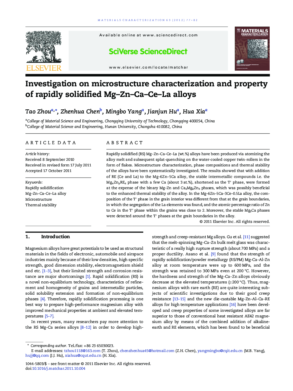 Investigation on microstructure characterization and property of rapidly solidified Mg–Zn–Ca–Ce–La alloys