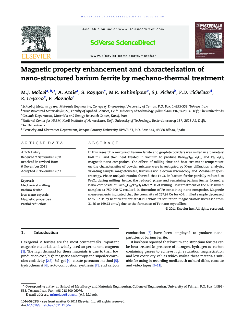 Magnetic property enhancement and characterization of nano-structured barium ferrite by mechano-thermal treatment