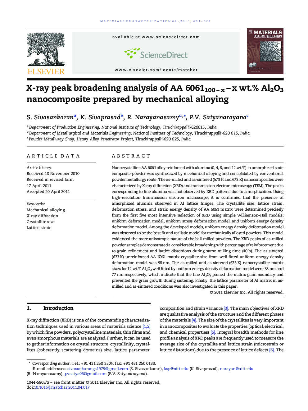 X-ray peak broadening analysis of AA 6061100Â âÂ xÂ âÂ xÂ wt.% Al2O3 nanocomposite prepared by mechanical alloying