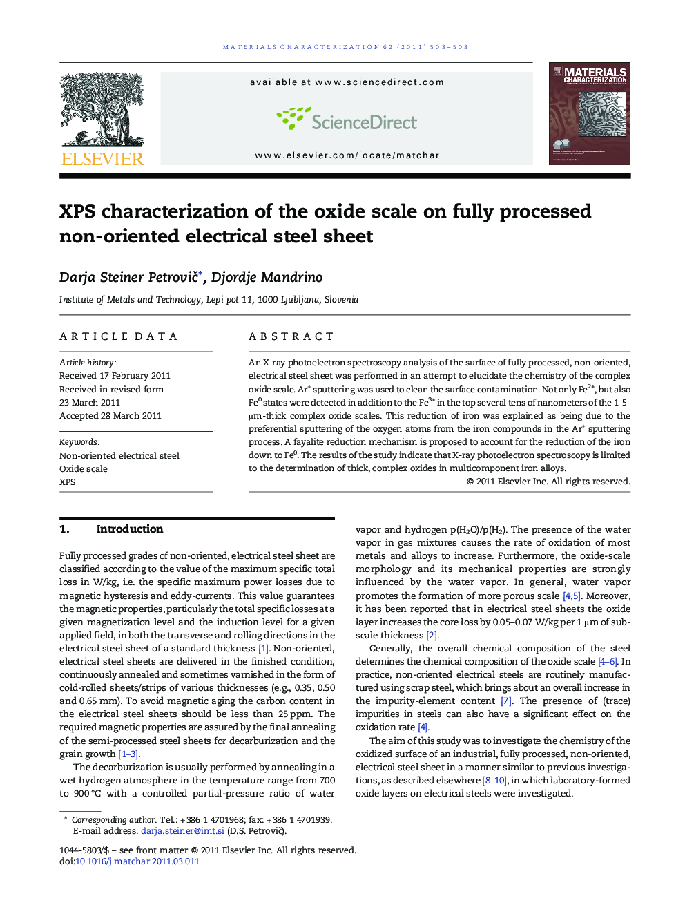 XPS characterization of the oxide scale on fully processed non-oriented electrical steel sheet