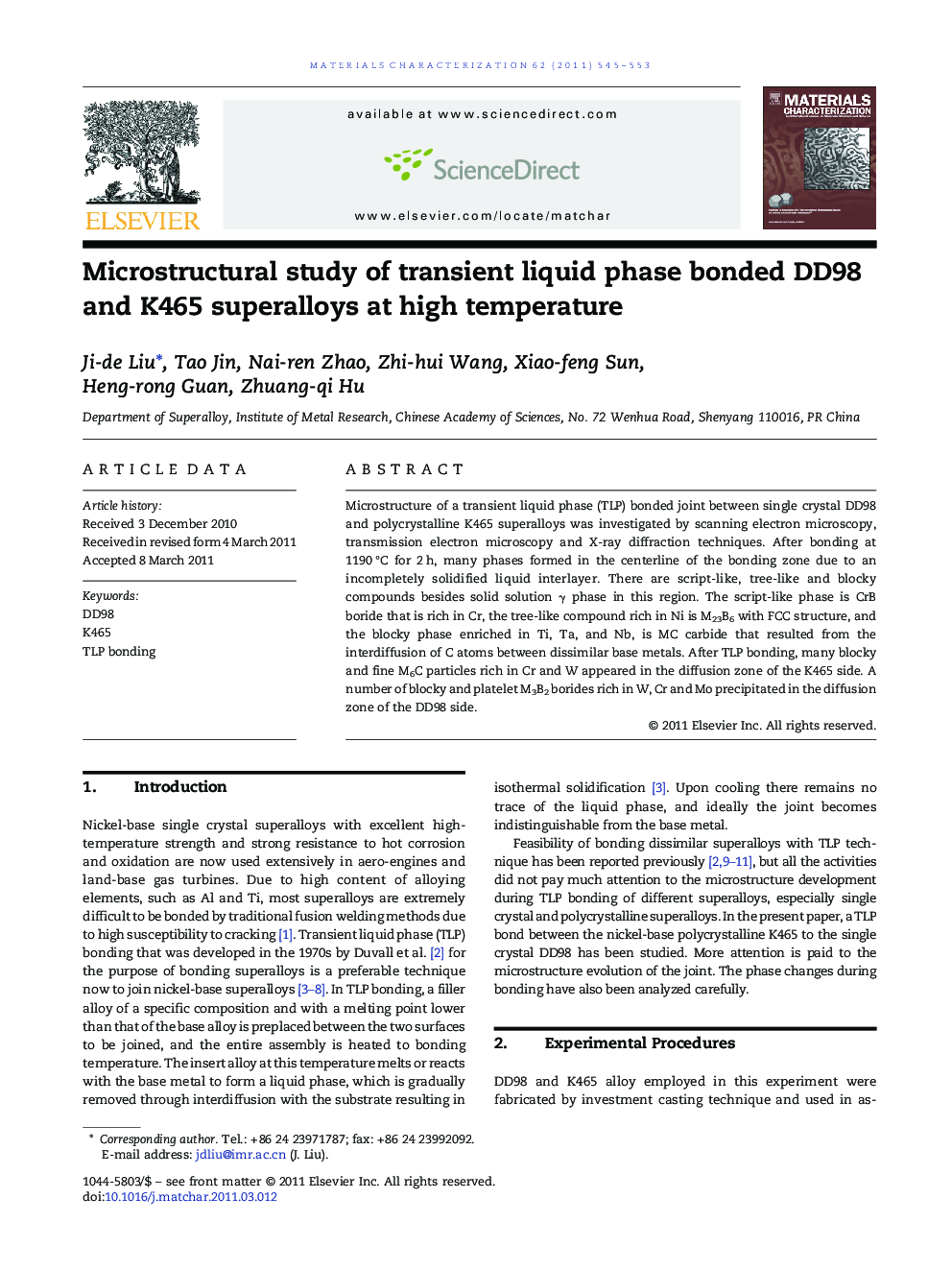 Microstructural study of transient liquid phase bonded DD98 and K465 superalloys at high temperature