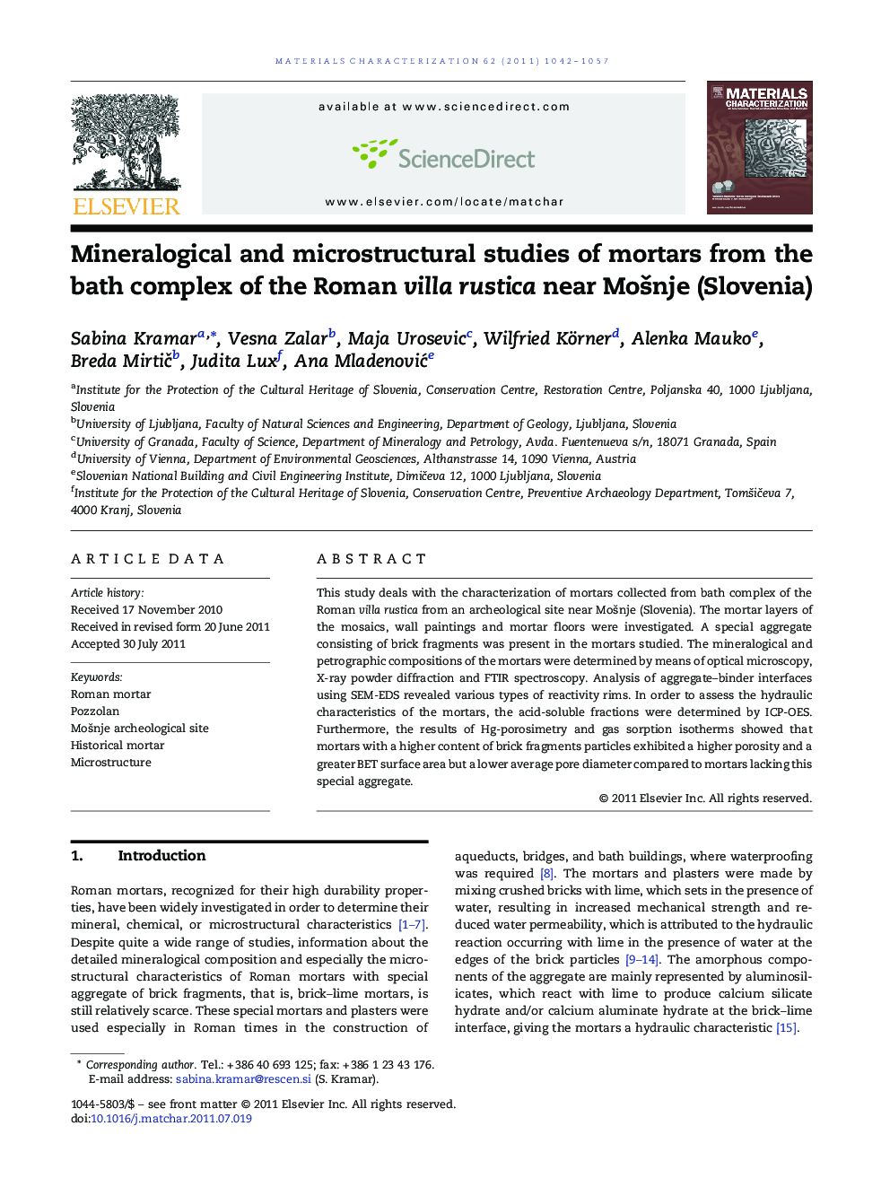 Mineralogical and microstructural studies of mortars from the bath complex of the Roman villa rustica near Mošnje (Slovenia)