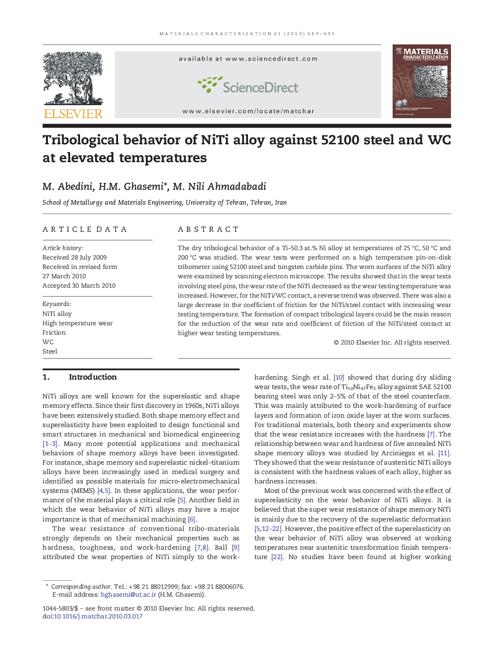 Tribological behavior of NiTi alloy against 52100 steel and WC at elevated temperatures