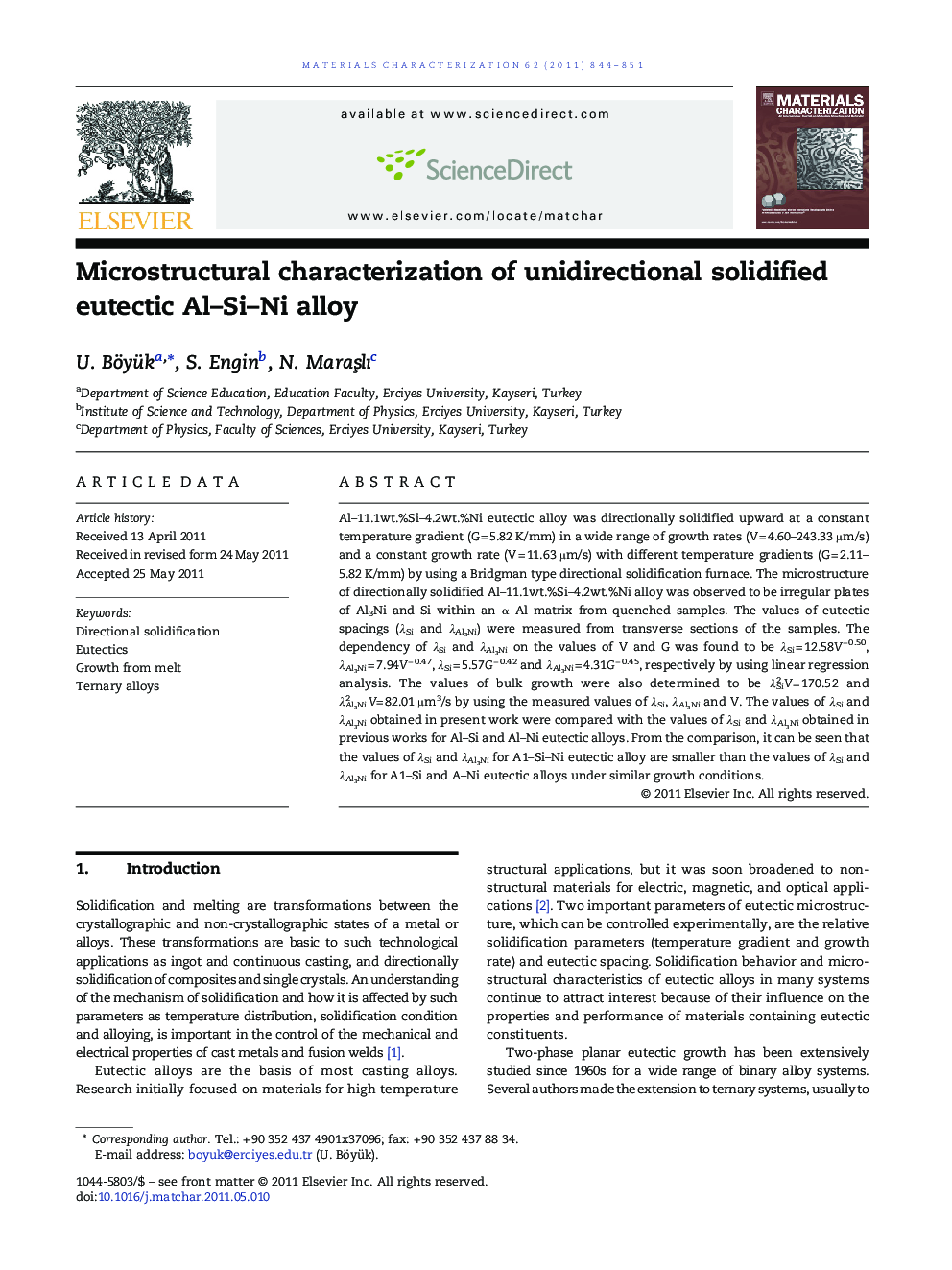 Microstructural characterization of unidirectional solidified eutectic Al–Si–Ni alloy