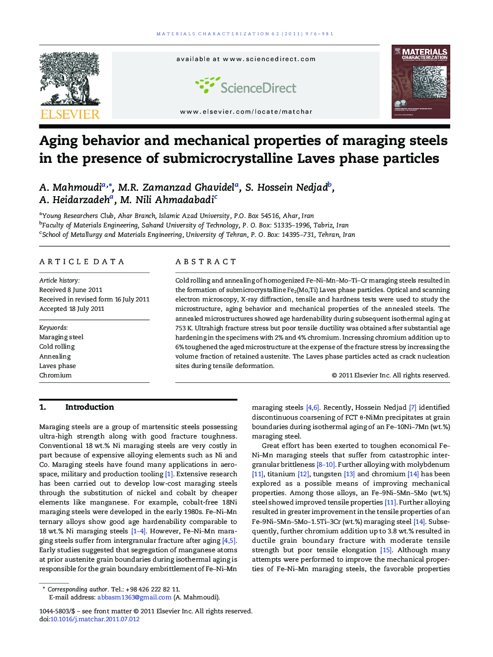 عکس صفحه اول مقاله: Aging behavior and mechanical properties of maraging steels in the presence of submicrocrystalline Laves phase particles Aging behavior and mechanical properties of maraging steels in the presence of submicrocrystalline Laves phase particles