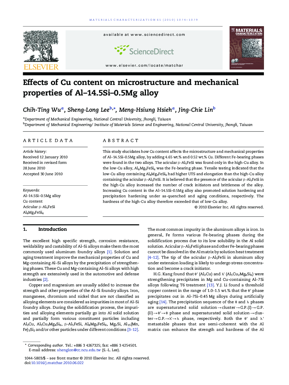 Effects of Cu content on microstructure and mechanical properties of Al-14.5Si-0.5Mg alloy
