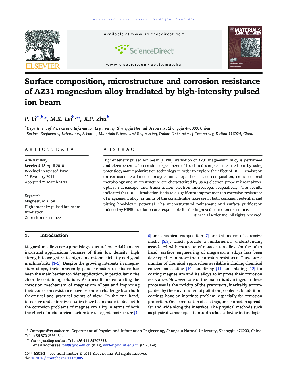 Surface composition, microstructure and corrosion resistance of AZ31 magnesium alloy irradiated by high-intensity pulsed ion beam