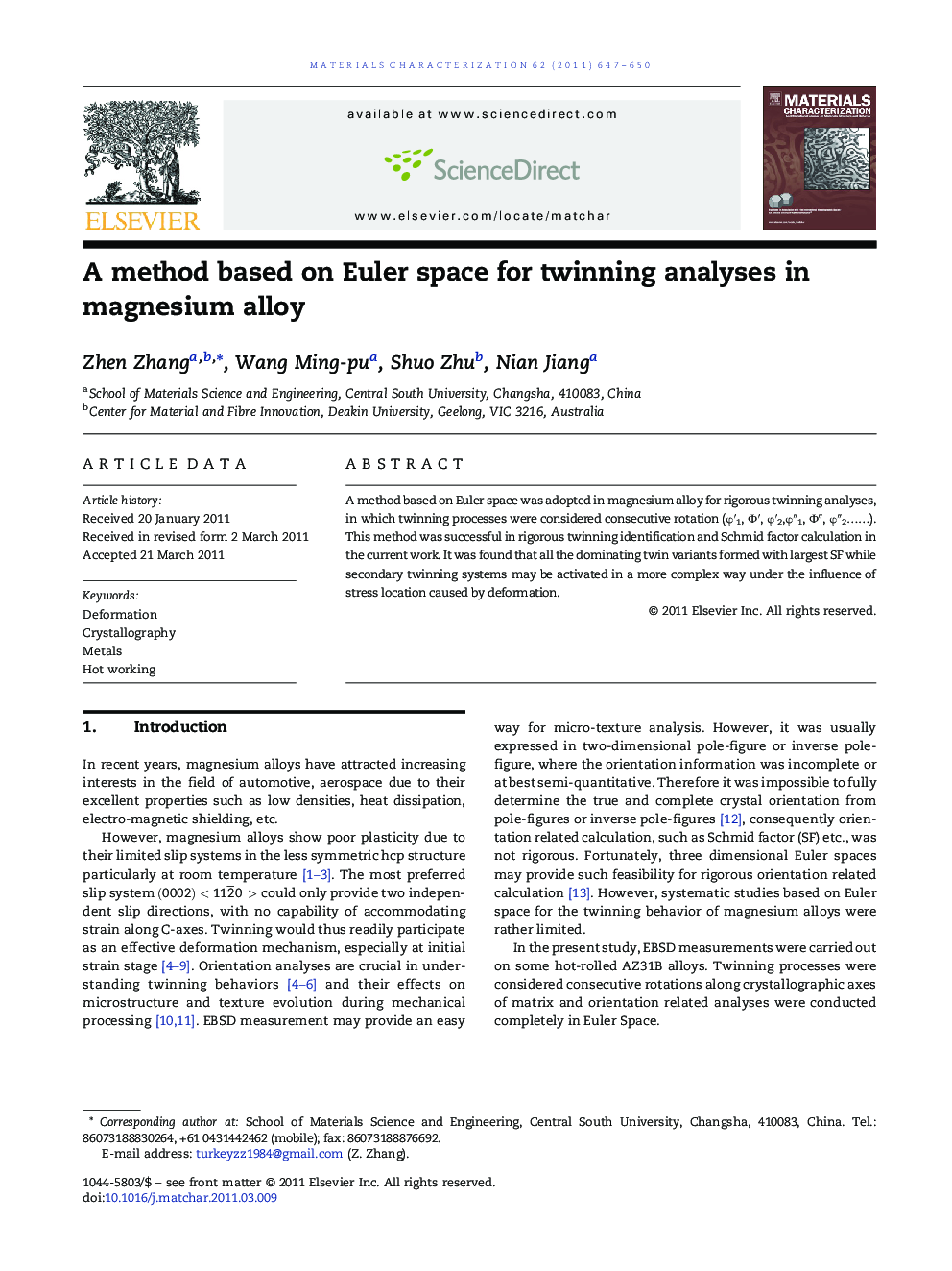 A method based on Euler space for twinning analyses in magnesium alloy