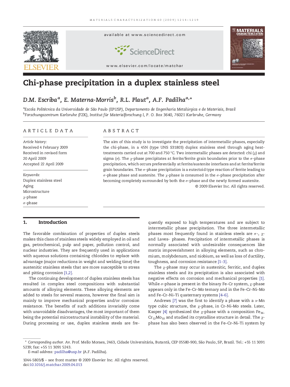 Chi-phase precipitation in a duplex stainless steel