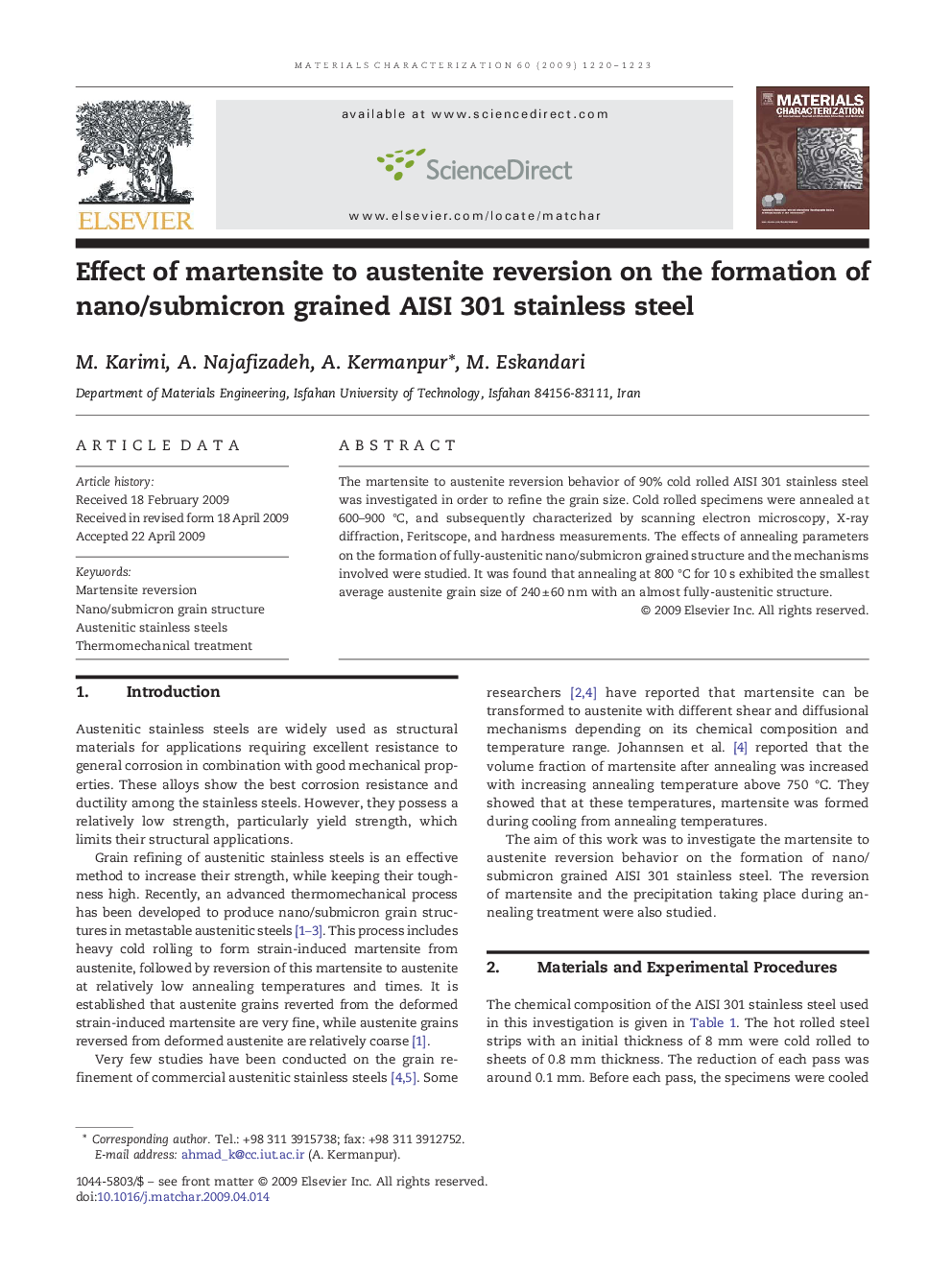 Effect of martensite to austenite reversion on the formation of nano/submicron grained AISI 301 stainless steel