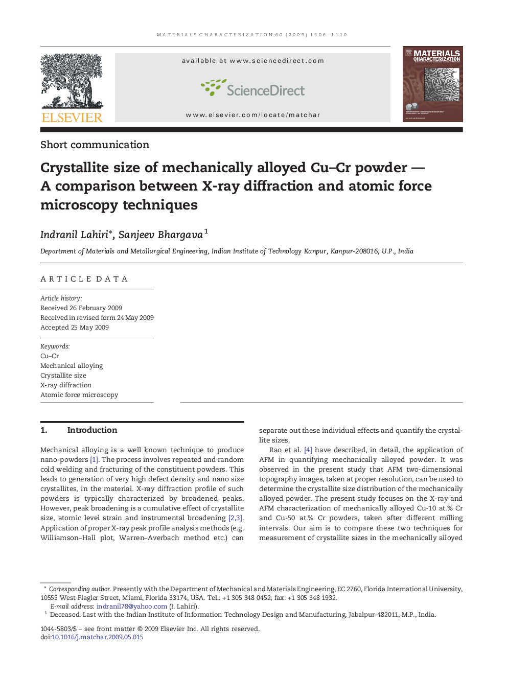 Crystallite size of mechanically alloyed Cu-Cr powder - A comparison between X-ray diffraction and atomic force microscopy techniques