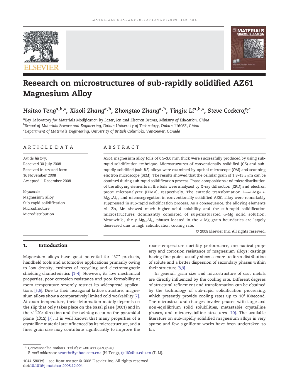 Research on microstructures of sub-rapidly solidified AZ61 Magnesium Alloy