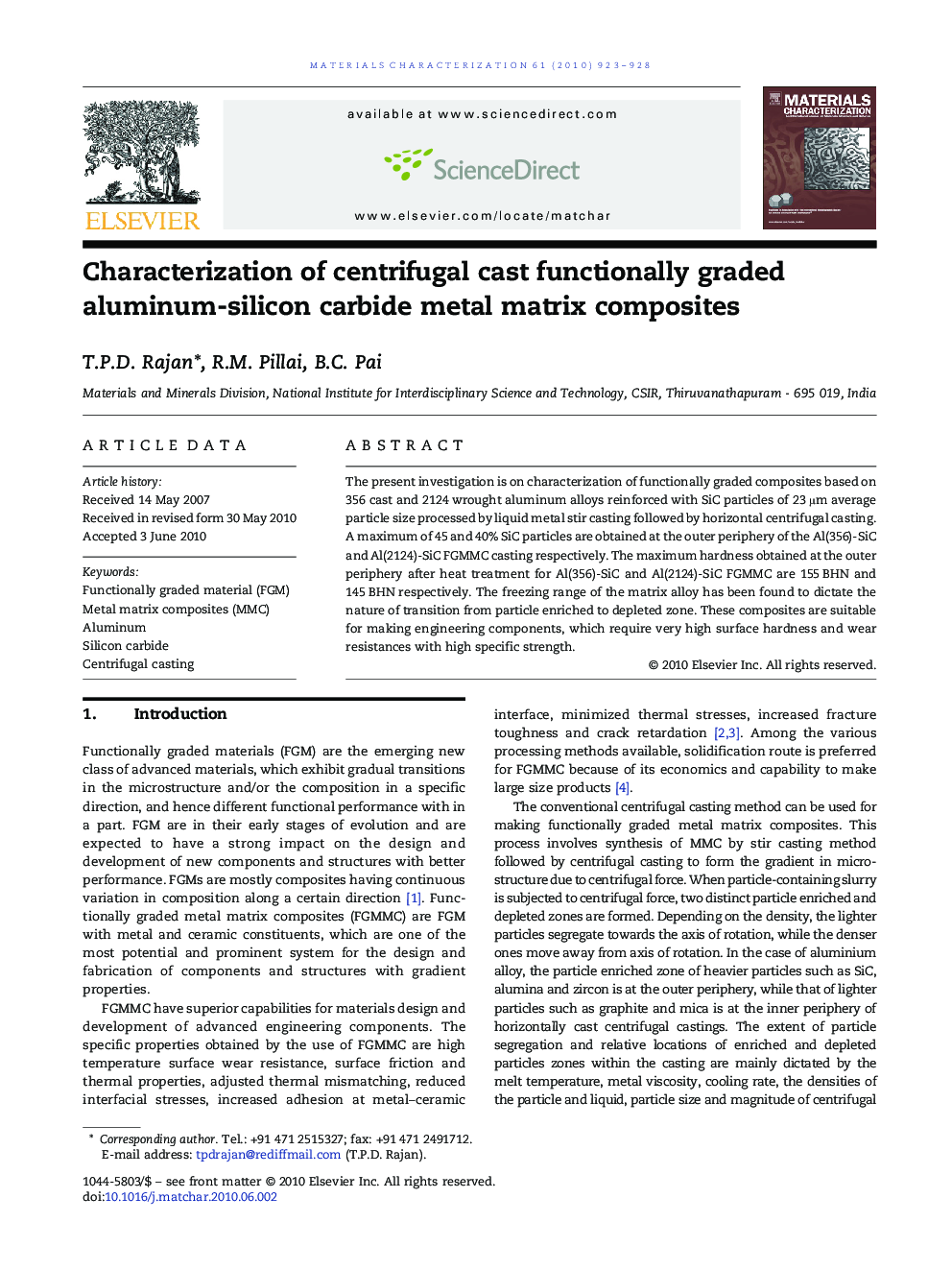 Characterization of centrifugal cast functionally graded aluminum-silicon carbide metal matrix composites