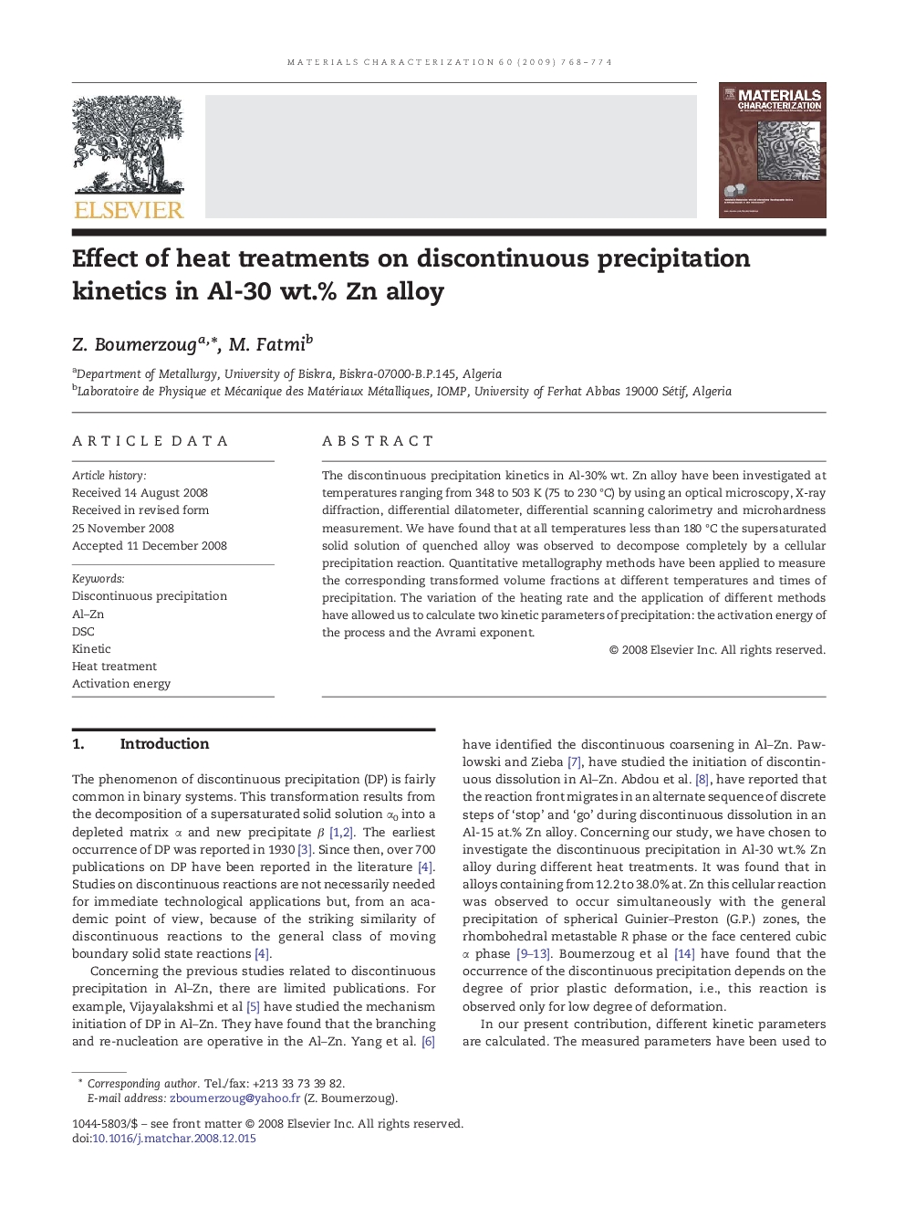 Effect of heat treatments on discontinuous precipitation kinetics in Al-30 wt.% Zn alloy