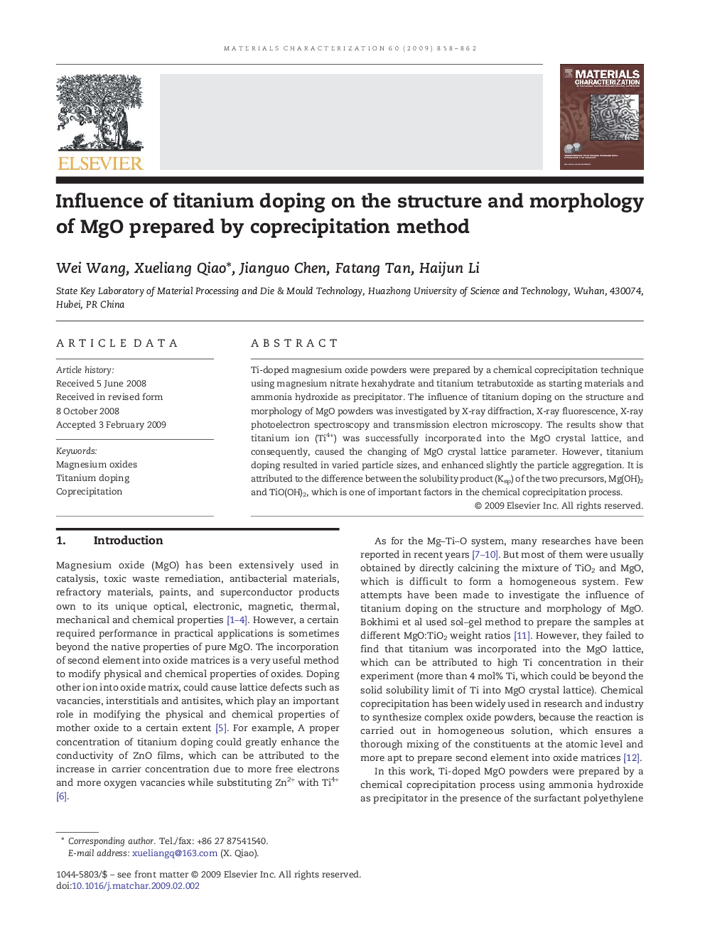 Influence of titanium doping on the structure and morphology of MgO prepared by coprecipitation method