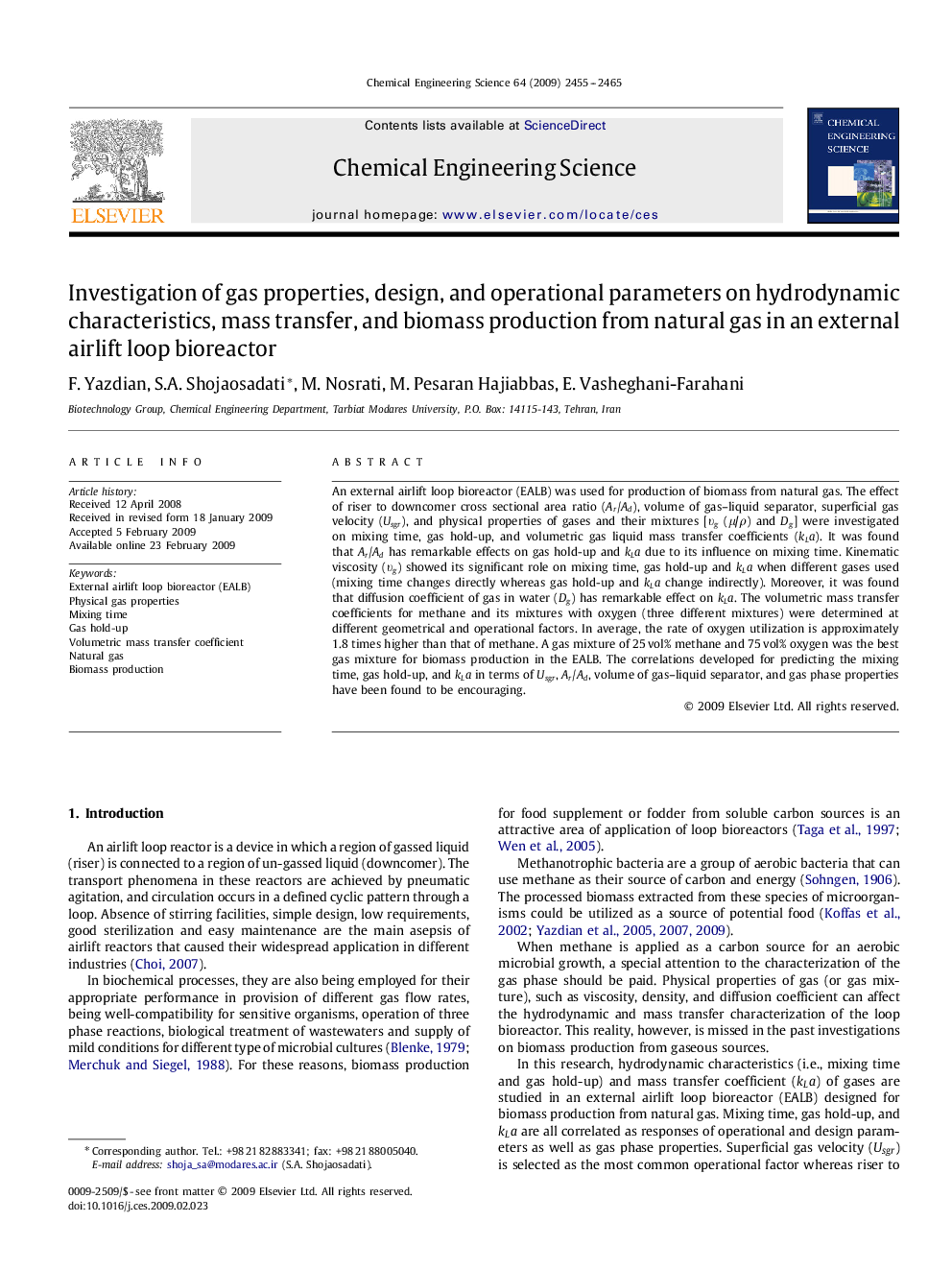 Investigation of gas properties, design, and operational parameters on hydrodynamic characteristics, mass transfer, and biomass production from natural gas in an external airlift loop bioreactor