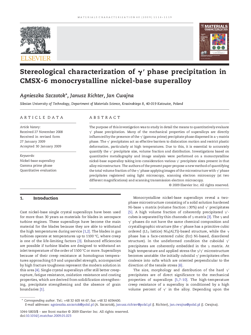 Stereological characterization of γ′ phase precipitation in CMSX-6 monocrystalline nickel-base superalloy