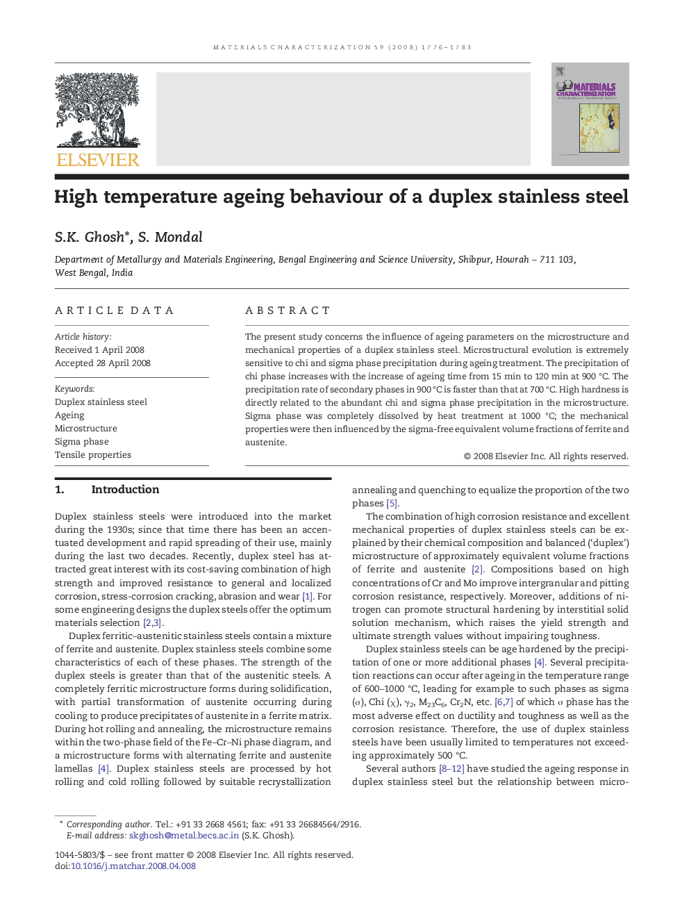 High temperature ageing behaviour of a duplex stainless steel