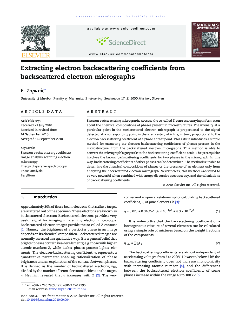 Extracting electron backscattering coefficients from backscattered electron micrographs