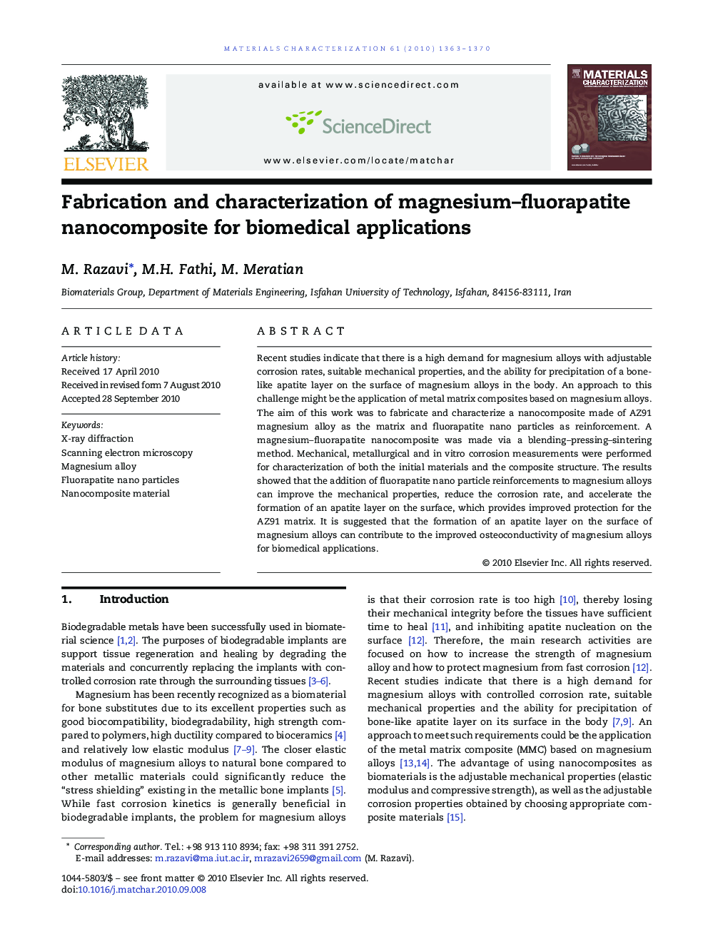 Fabrication and characterization of magnesium–fluorapatite nanocomposite for biomedical applications