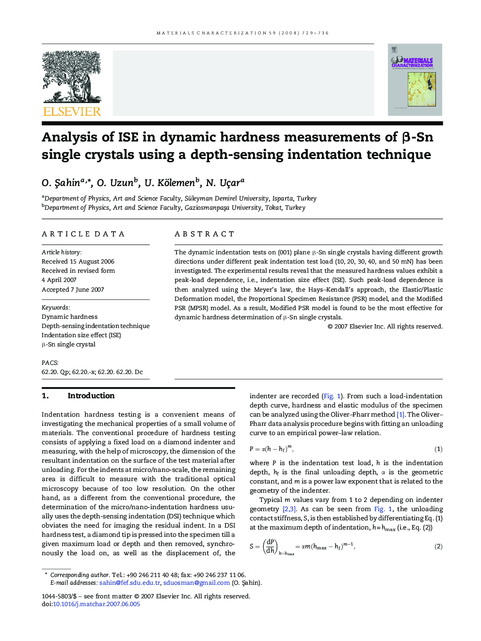 Analysis of ISE in dynamic hardness measurements of β-Sn single crystals using a depth-sensing indentation technique