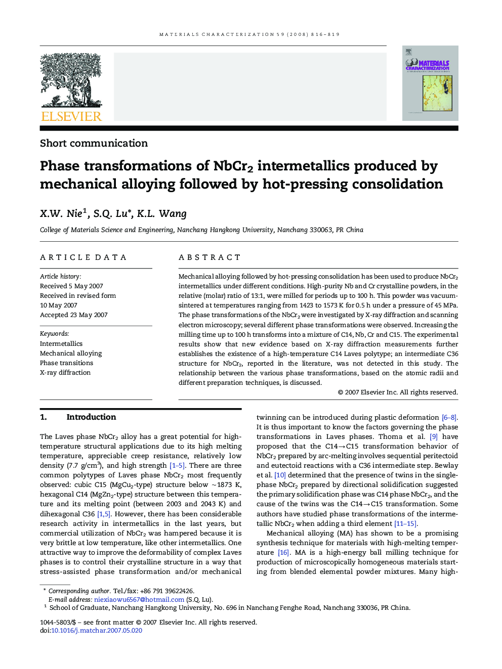 Phase transformations of NbCr2 intermetallics produced by mechanical alloying followed by hot-pressing consolidation