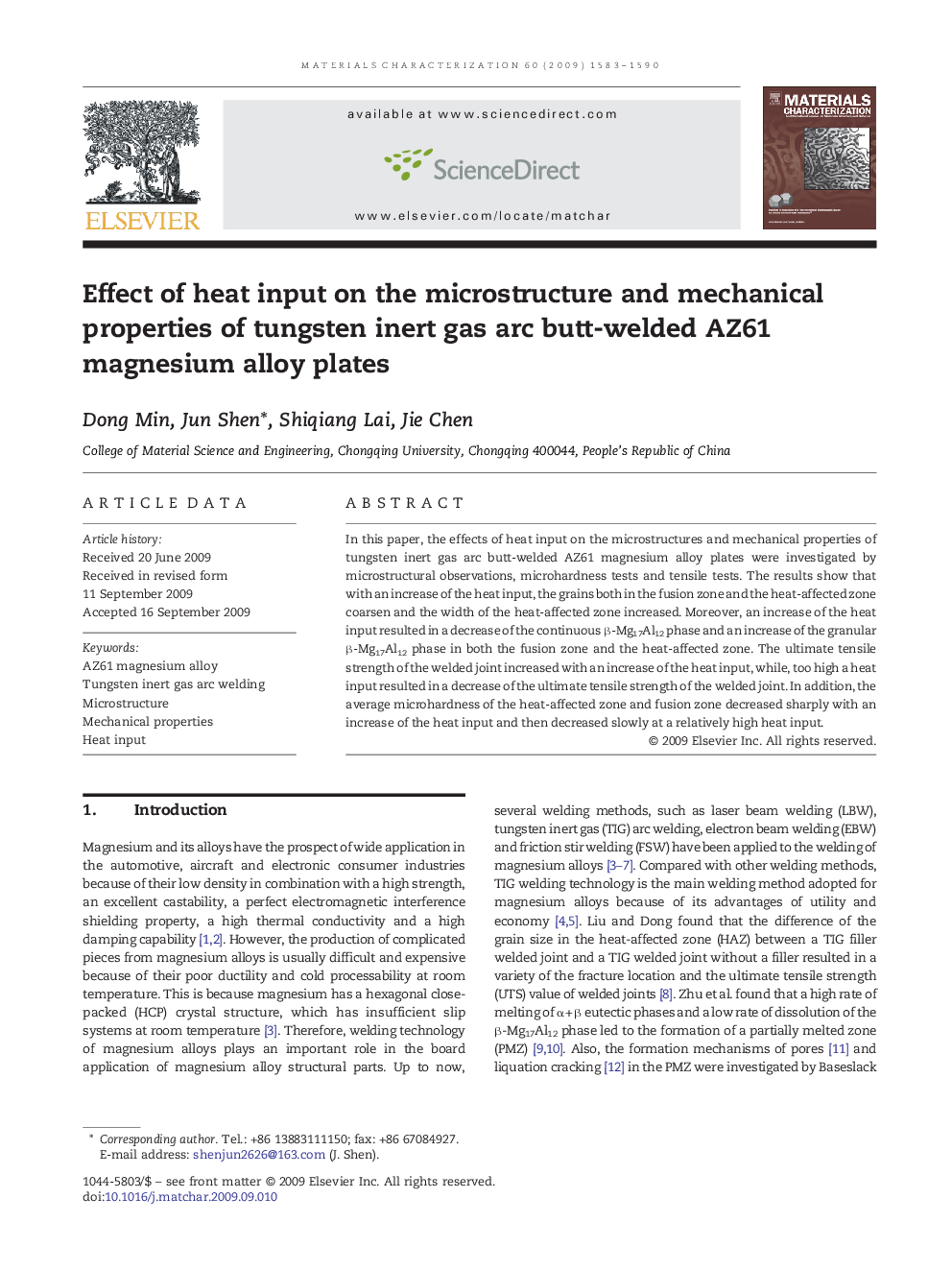 Effect of heat input on the microstructure and mechanical properties of tungsten inert gas arc butt-welded AZ61 magnesium alloy plates