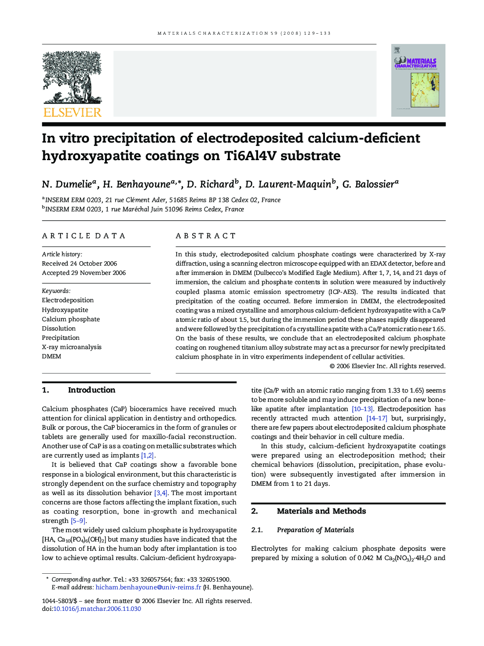 In vitro precipitation of electrodeposited calcium-deficient hydroxyapatite coatings on Ti6Al4V substrate