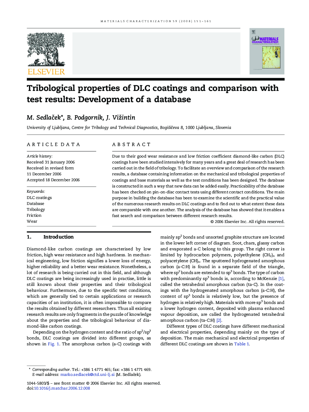 Tribological properties of DLC coatings and comparison with test results: Development of a database