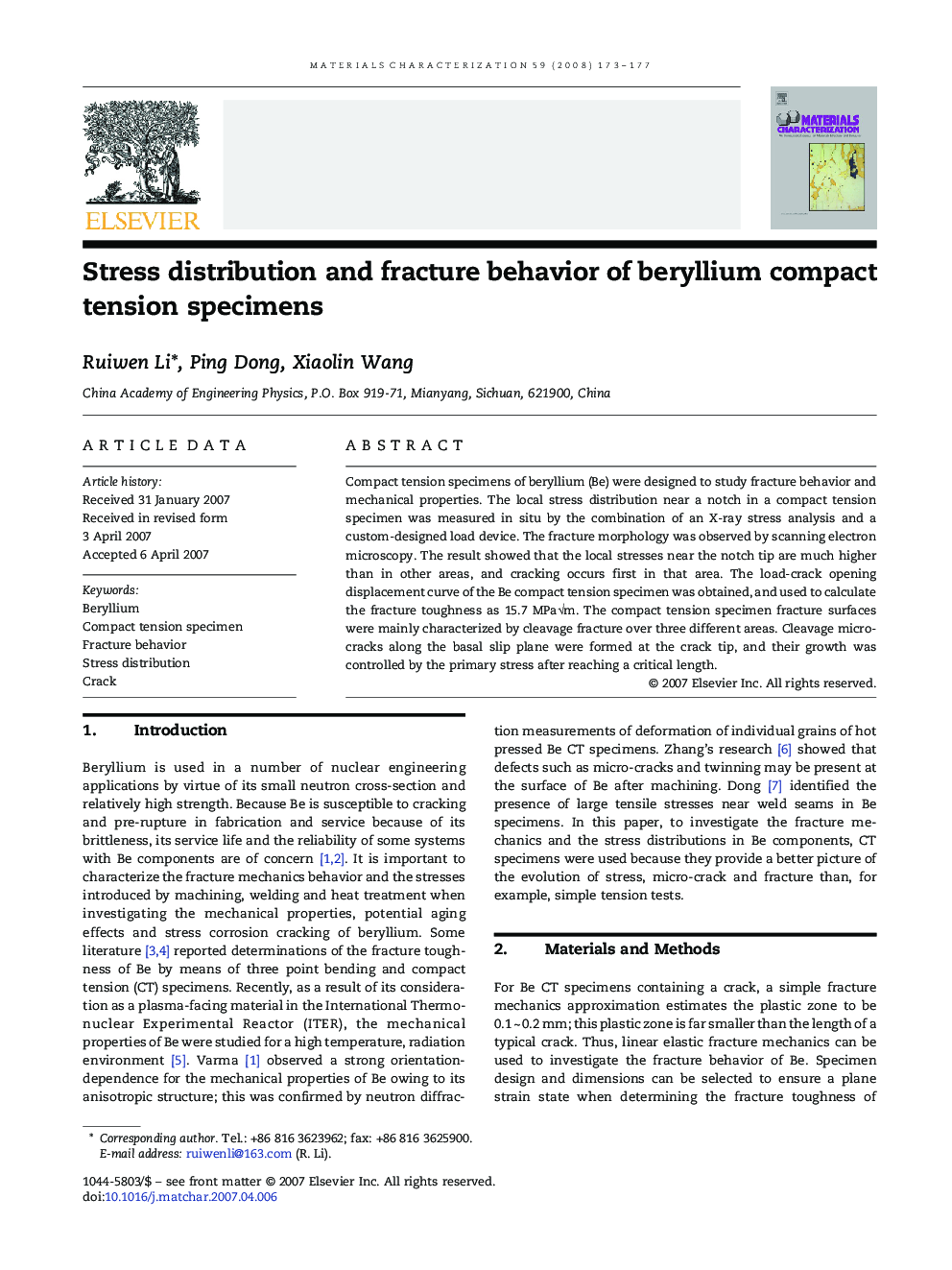 Stress distribution and fracture behavior of beryllium compact tension specimens