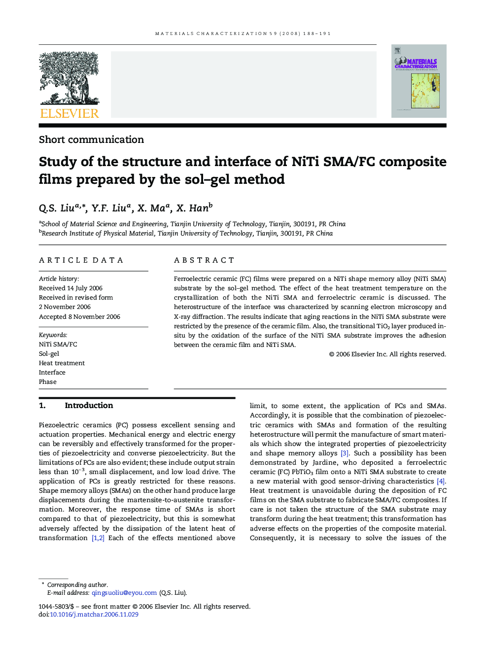 Study of the structure and interface of NiTi SMA/FC composite films prepared by the sol–gel method