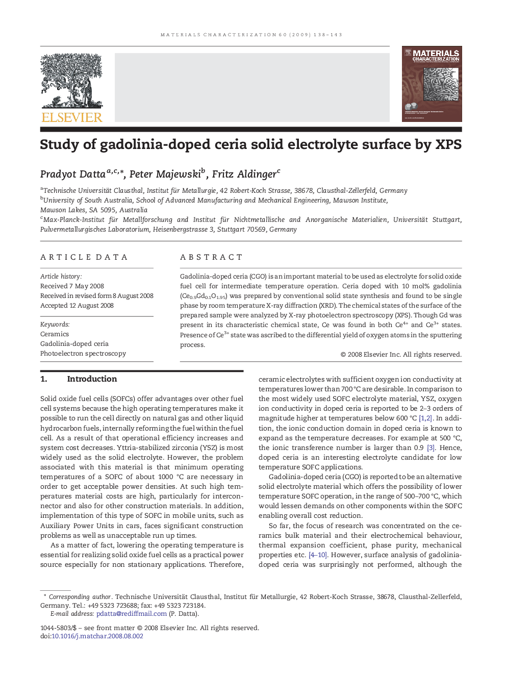 Study of gadolinia-doped ceria solid electrolyte surface by XPS