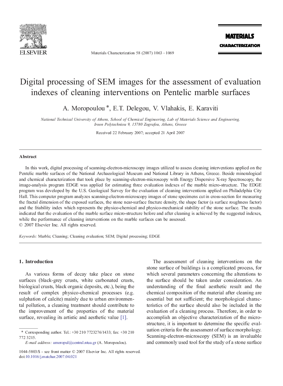 Digital processing of SEM images for the assessment of evaluation indexes of cleaning interventions on Pentelic marble surfaces