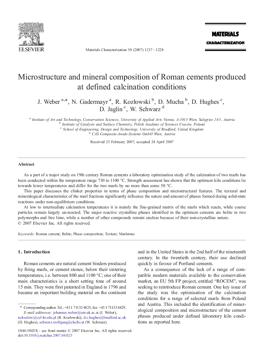 Microstructure and mineral composition of Roman cements produced at defined calcination conditions