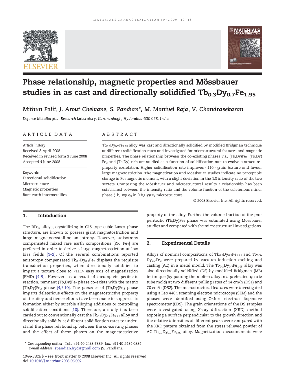 Phase relationship, magnetic properties and Mössbauer studies in as cast and directionally solidified Tb0.3Dy0.7Fe1.95