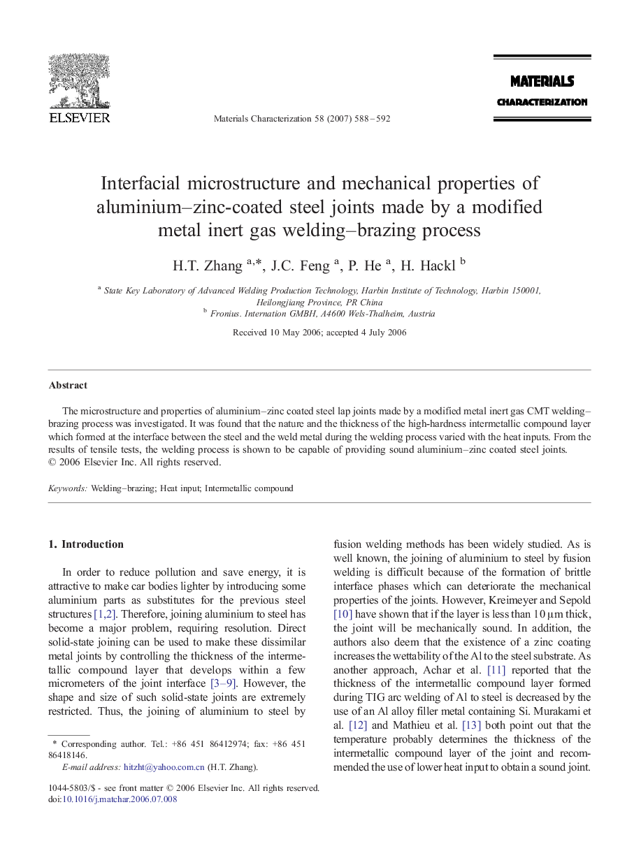 Interfacial microstructure and mechanical properties of aluminium–zinc-coated steel joints made by a modified metal inert gas welding–brazing process