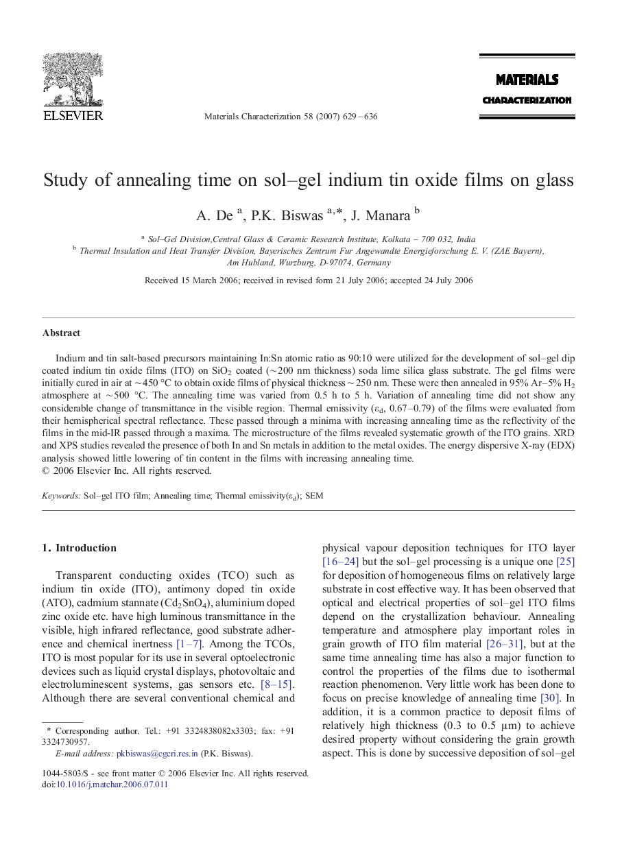 Study of annealing time on sol–gel indium tin oxide films on glass