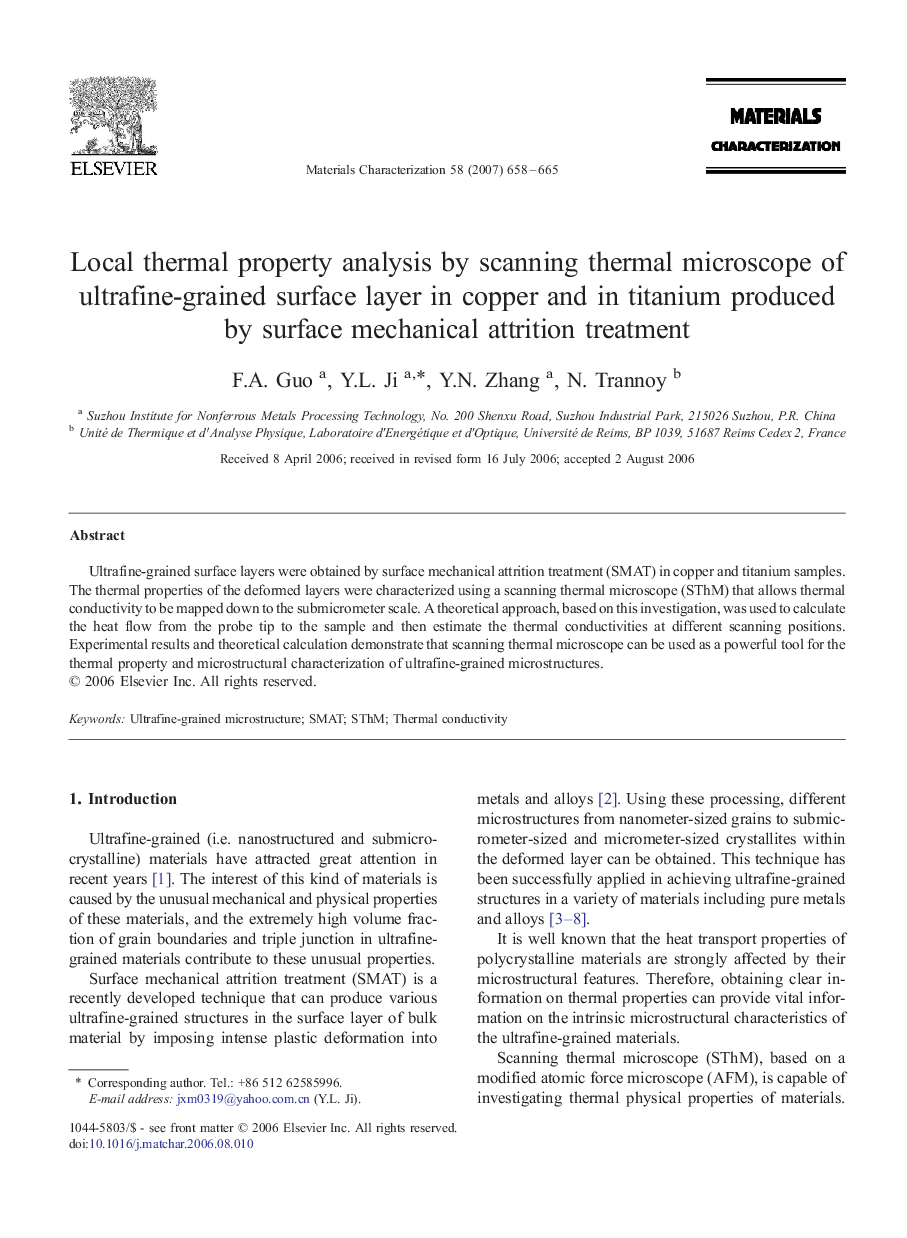 Local thermal property analysis by scanning thermal microscope of ultrafine-grained surface layer in copper and in titanium produced by surface mechanical attrition treatment