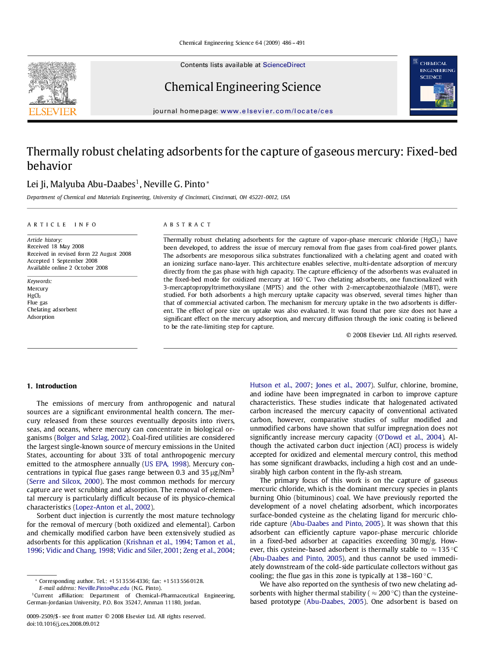 Thermally robust chelating adsorbents for the capture of gaseous mercury: Fixed-bed behavior