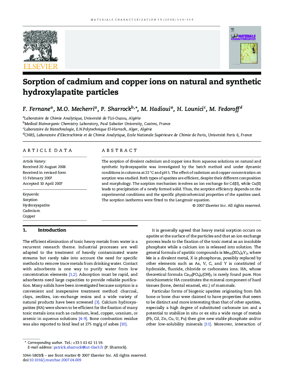 Sorption of cadmium and copper ions on natural and synthetic hydroxylapatite particles