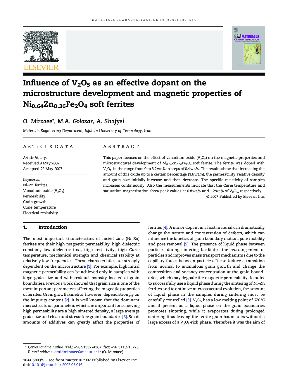 Influence of V2O5 as an effective dopant on the microstructure development and magnetic properties of Ni0.64Zn0.36Fe2O4 soft ferrites