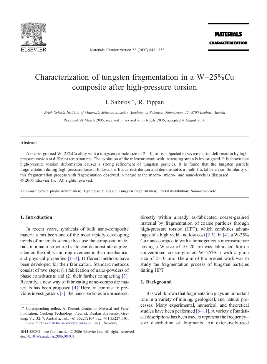 Characterization of tungsten fragmentation in a W–25%Cu composite after high-pressure torsion