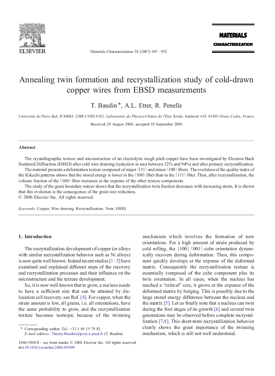 Annealing twin formation and recrystallization study of cold-drawn copper wires from EBSD measurements