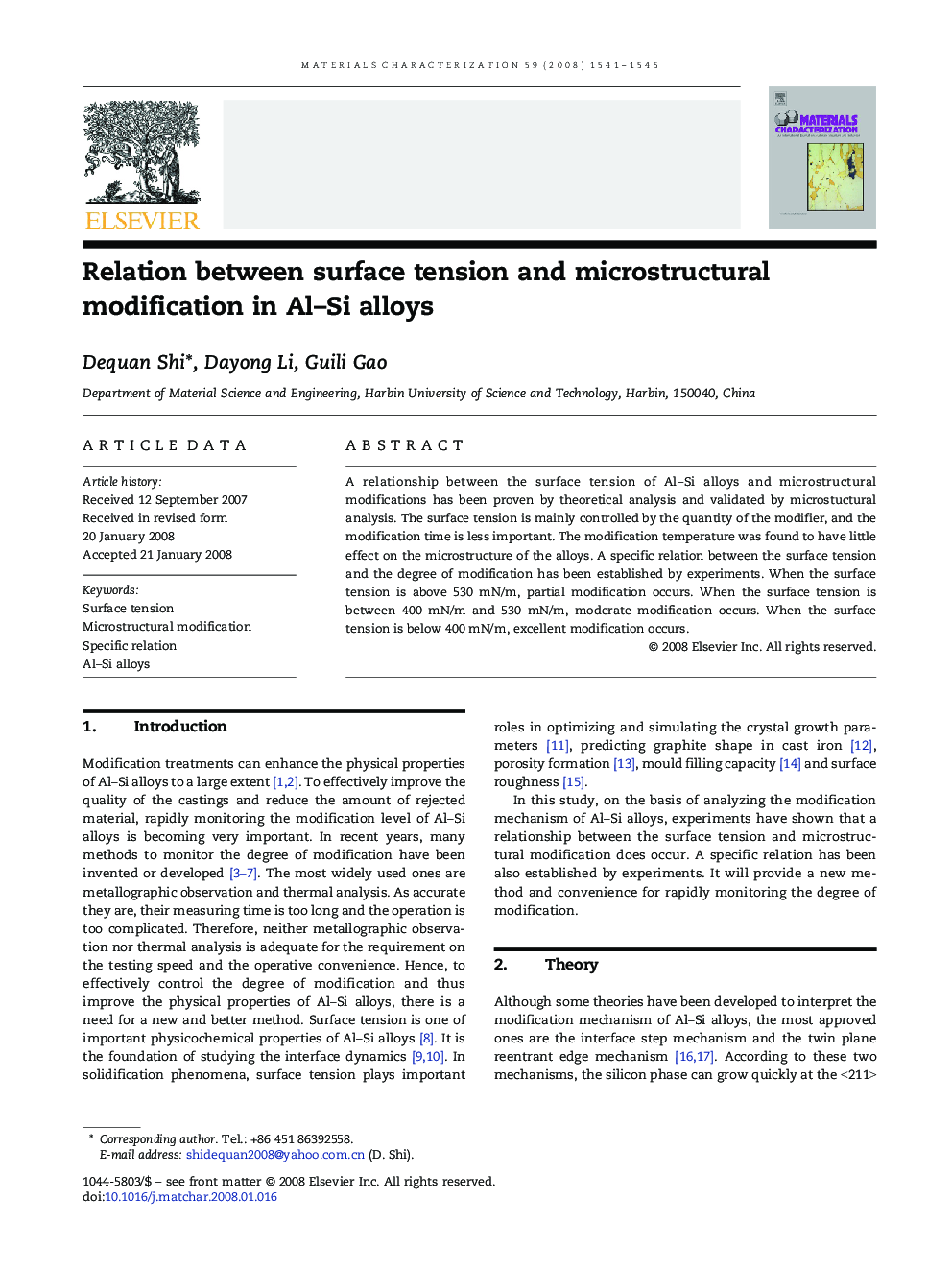 Relation between surface tension and microstructural modification in Al–Si alloys