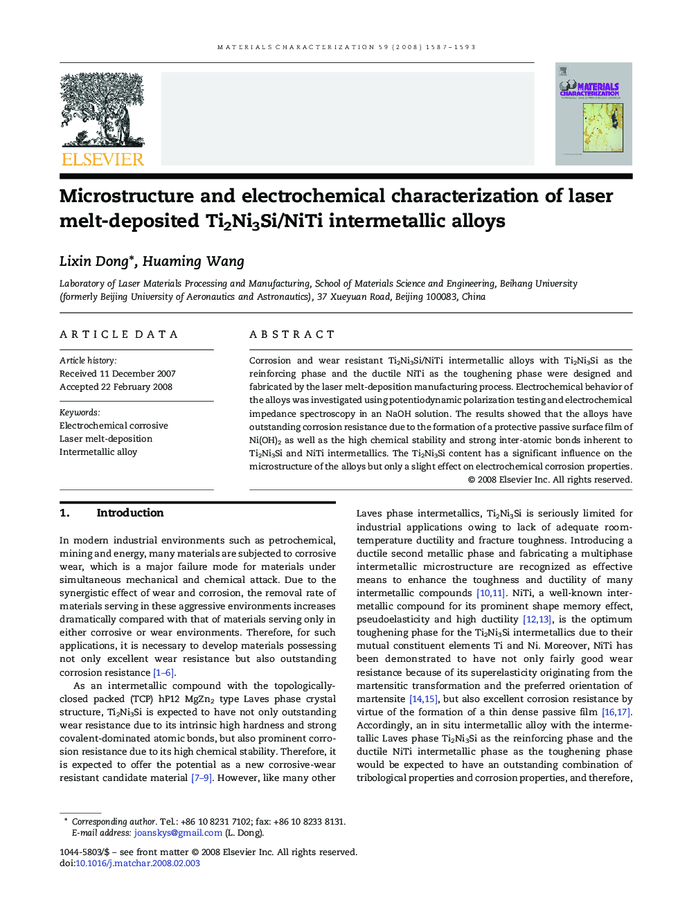 Microstructure and electrochemical characterization of laser melt-deposited Ti2Ni3Si/NiTi intermetallic alloys