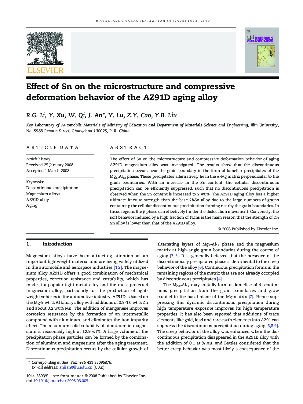 Effect of Sn on the microstructure and compressive deformation behavior of the AZ91D aging alloy