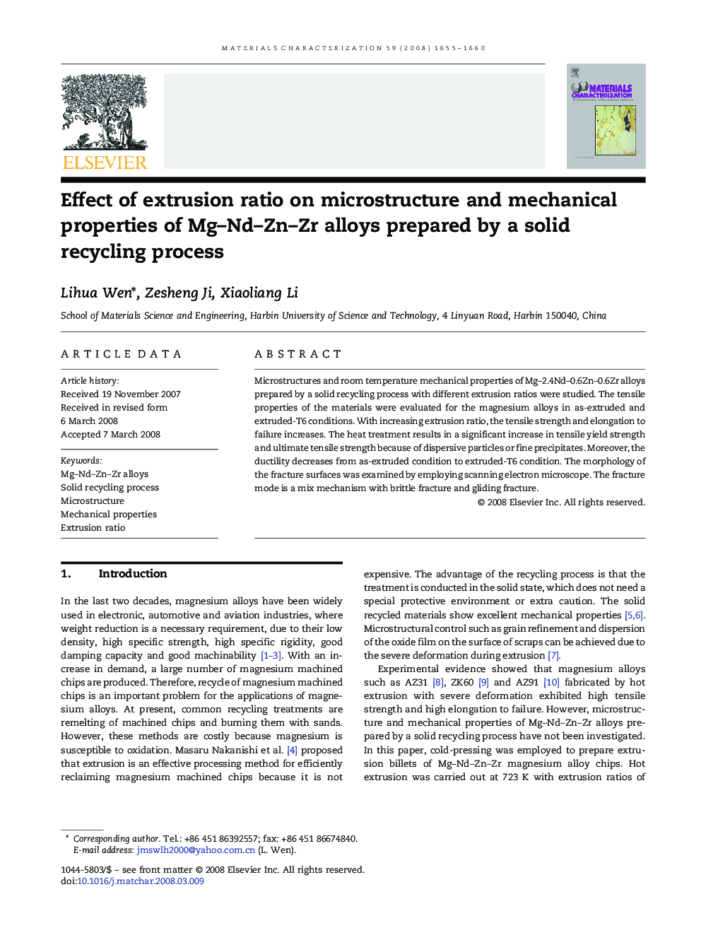 Effect of extrusion ratio on microstructure and mechanical properties of Mg–Nd–Zn–Zr alloys prepared by a solid recycling process