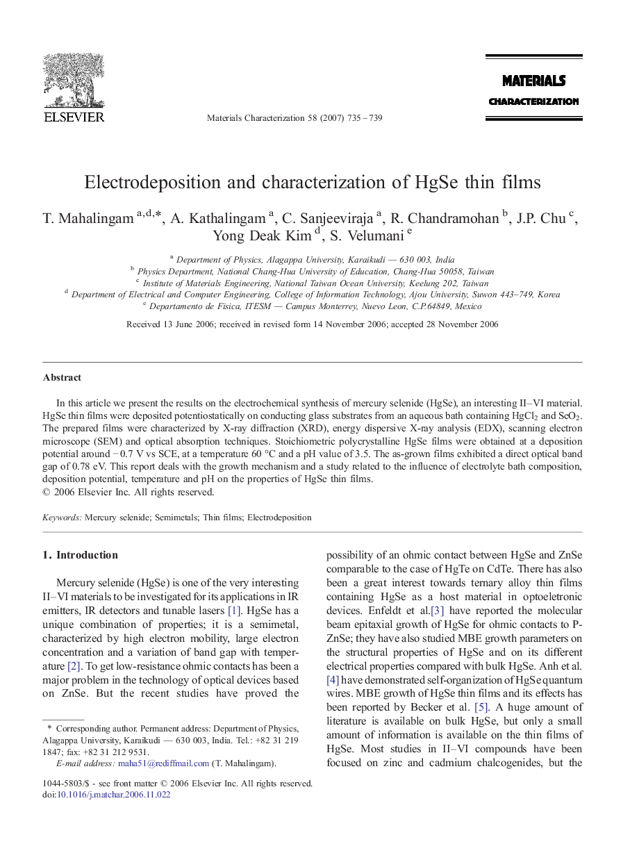 Electrodeposition and characterization of HgSe thin films