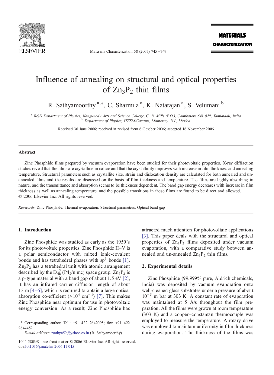 Influence of annealing on structural and optical properties of Zn3P2 thin films